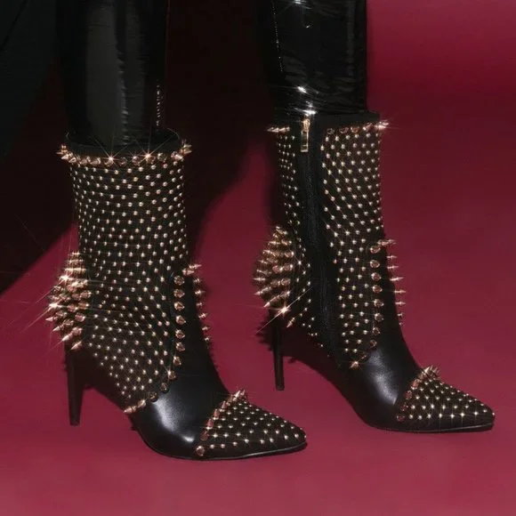 AZALEA WANG SPIKED "DIABELSTAR BHADDIE" STILETTO BOOTIE IN BLACK - Picture 1 of 9